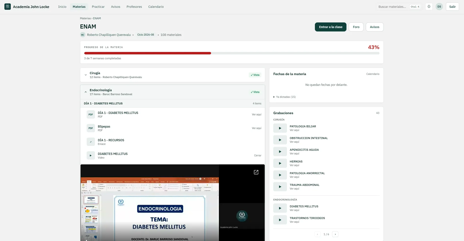 Vista de una materia con progreso por semanas, materiales en PDF y video, y lista de clases grabadas